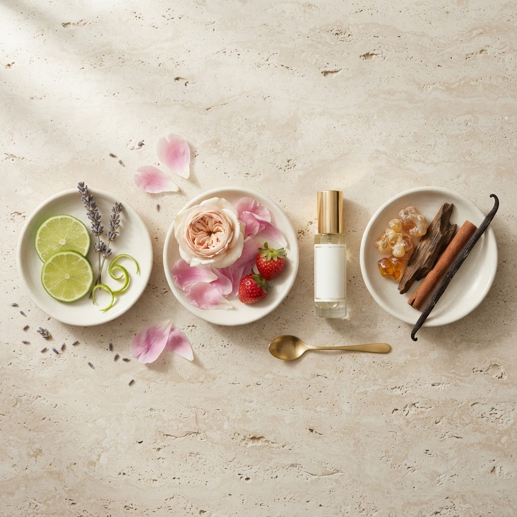 Duftzutaten der drei Richtungen: Limette und Lavendel, Rose und Erdbeere sowie Amber, Oud und Vanille
