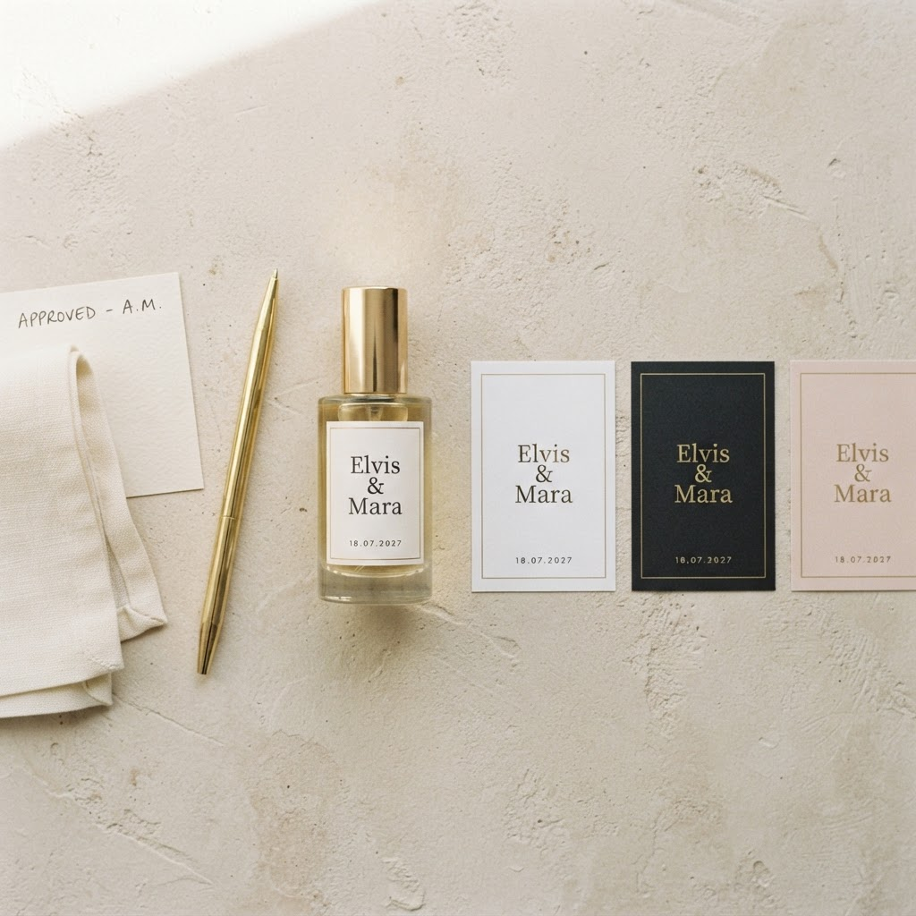Personalisiertes Mini-Parfum mit Etikettenmustern in Weiß, Schwarz, Champagne und Rosa