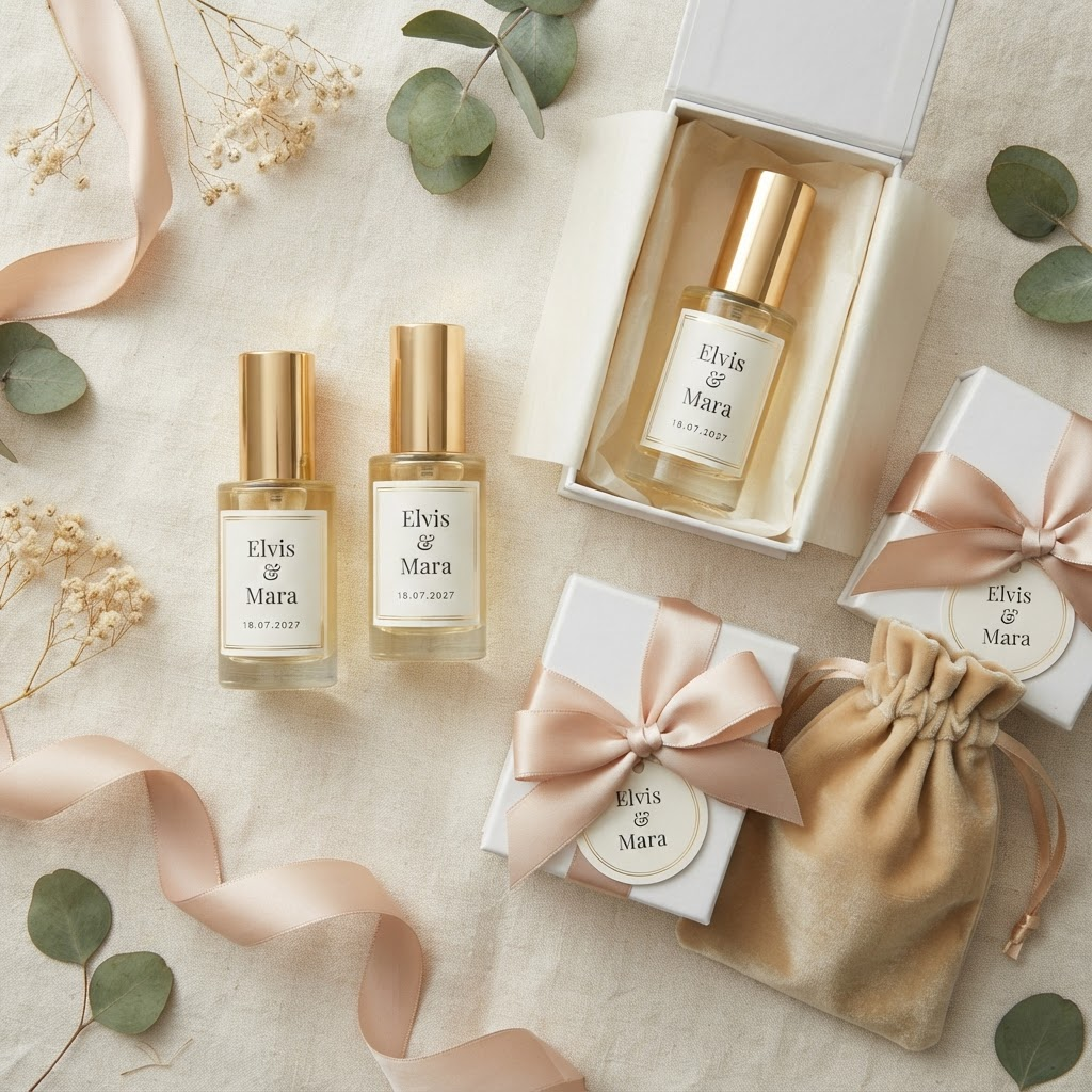 Personalisierte Parfum-Gastgeschenke mit goldenem Samtbeutel und feiner Schleife